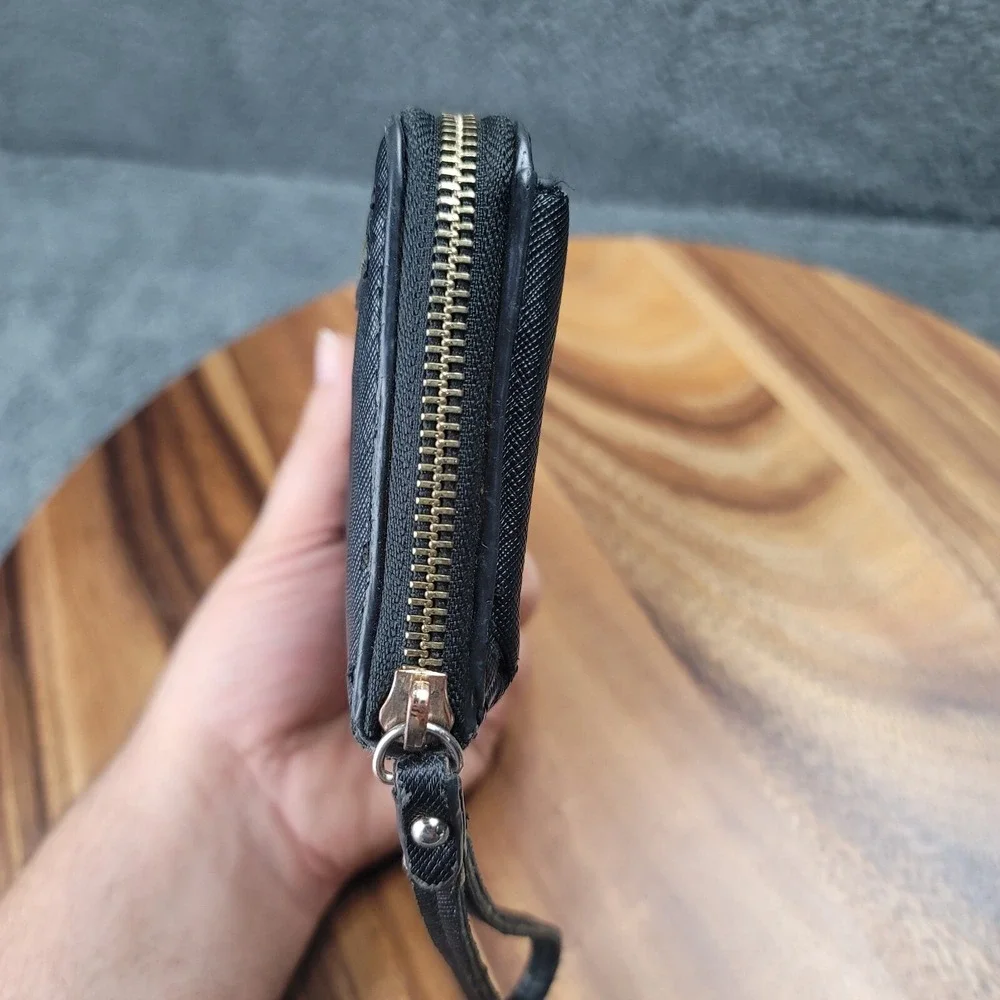 Michael Kors Wristlet Black Leather Double Zip‎ Around Wallet Snap Purse